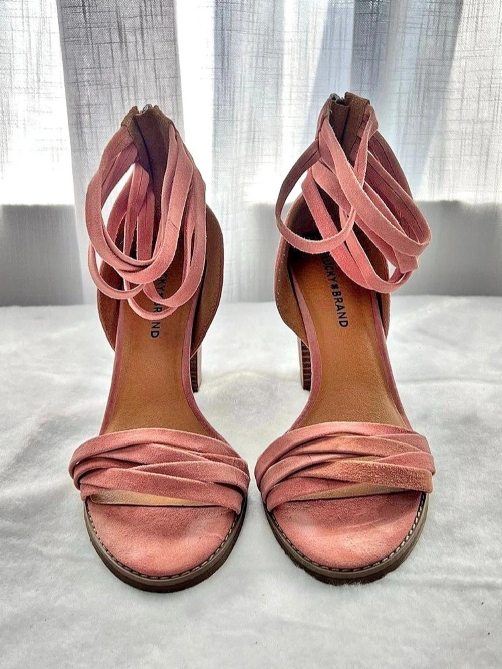 Lucky Brand Blush Pink Strappy Heels Wrap Ankle Back Zip Sandals 9.5